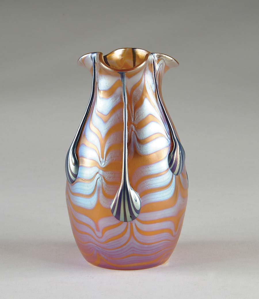 Appraisal: LOETZ DECORATED VASE Platinum pulled decoration on orange ground with