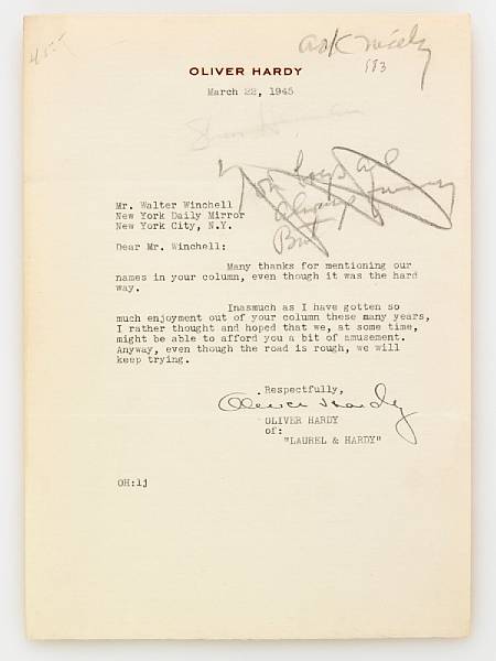 Appraisal: HARDY OLIVER - Typed Letter Signed Oliver Hardy p to