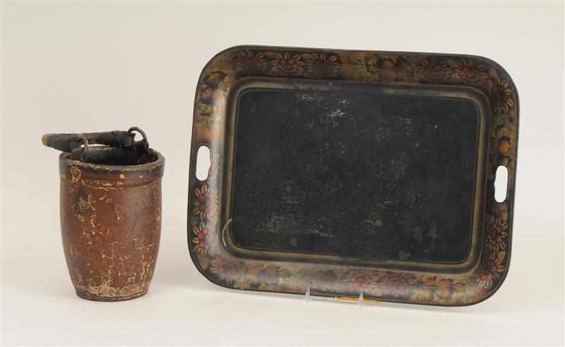 Appraisal: LEATHER FIRE BUCKET AND A T LE TRAY The ovoid