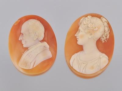 Appraisal: Two Unmounted Portrait Cameos Hand carved conch shell portrait cameos