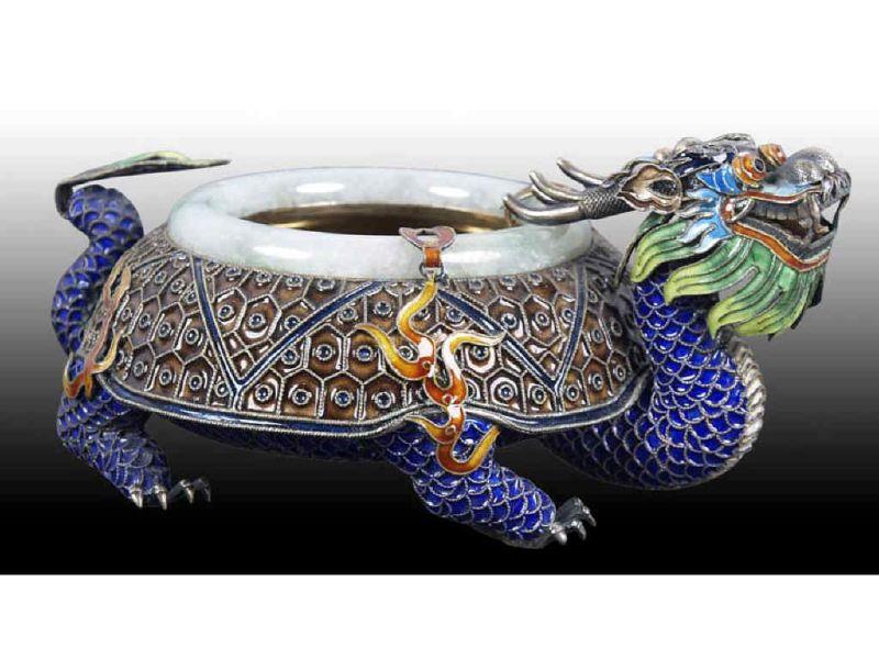 Appraisal: Jade Enamel Silver Dragon Bowl Description - '' x -