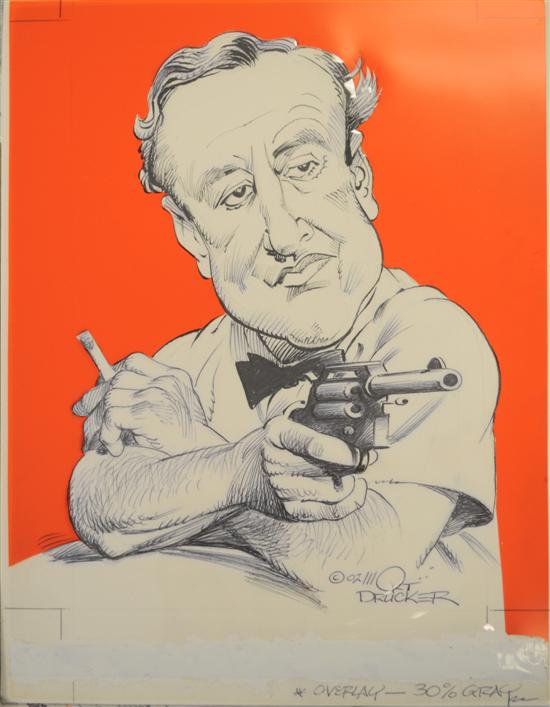 Appraisal: DRUCKER Mort Caricature drawing of Ian Fleming holding a gun