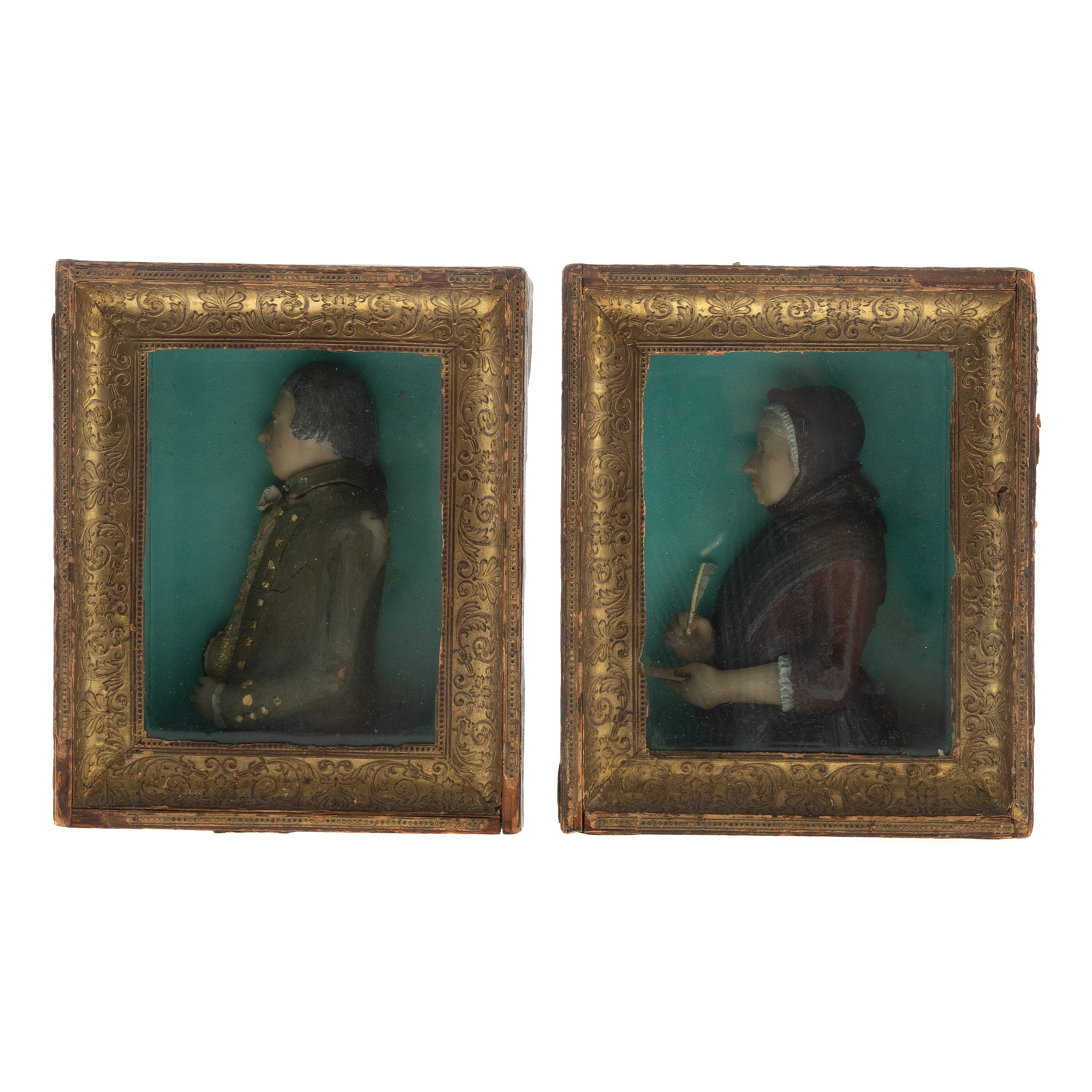 Appraisal: A PAIR OF CONTINENTAL PAINTED WAX MINIATURES Second half th