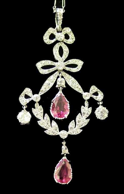 Appraisal: Attractive platinum ruby and diamond set drop pendant on a