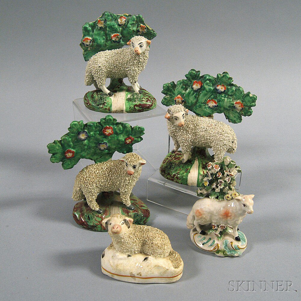 Appraisal: Five Mostly Staffordshire Bocage Sheep Figures England th century ht