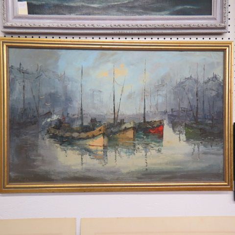 Appraisal: Pablo Matador oil ships in harbor on canvas image area