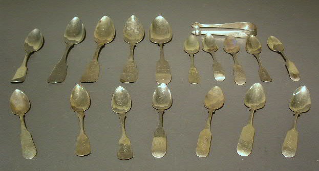 Appraisal: Seventeen coin silver spoons and pair of tongs by various