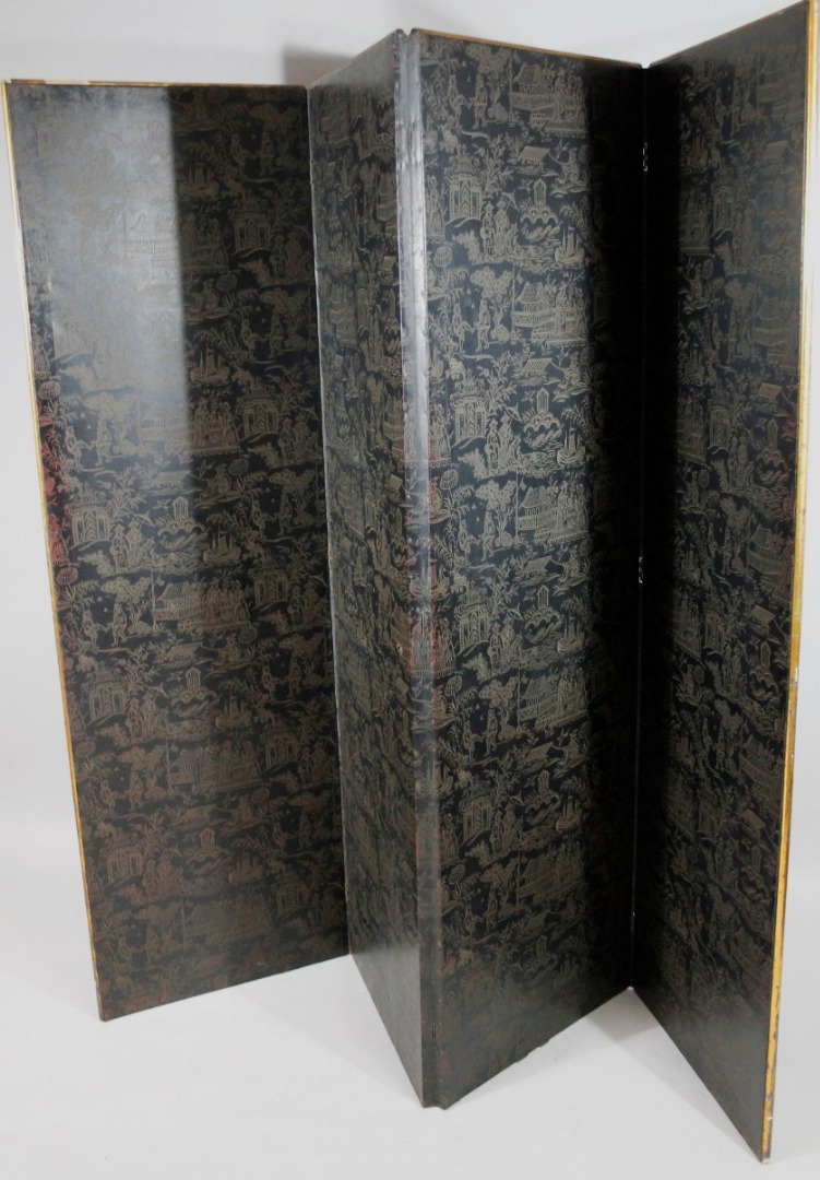 Appraisal: An early thC pressed leather three fold screen in black