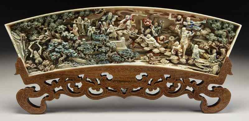 Appraisal: Chinese polychrome carved ivory table screen International buyers should note