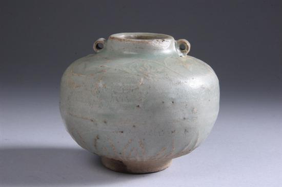 Appraisal: SAWANKHALOK CELADON PORCELAIN JAR th century Globular-form with two loop