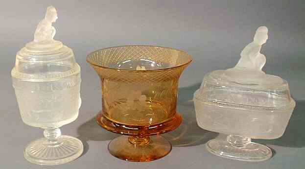 Appraisal: Amber cut glass centerpiece bowl h and two Westward Ho