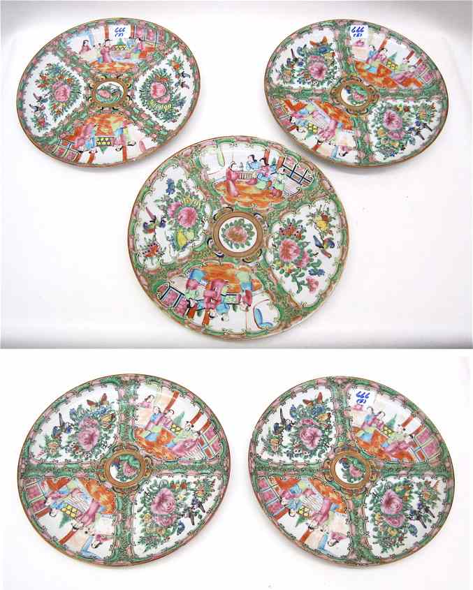 Appraisal: FIVE ROSE CANTON MANDARIN PORCELAIN PLATES hand painted with figures