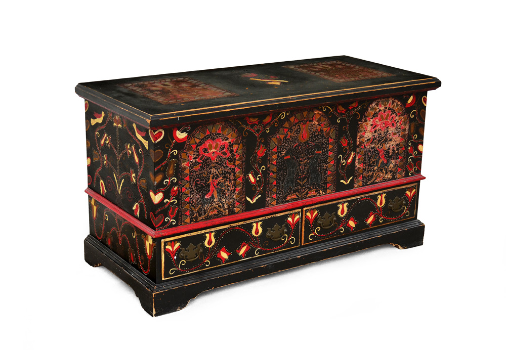 Appraisal: TH CENTURY PAINTED BLANKET CHEST Paint decorated with floral and