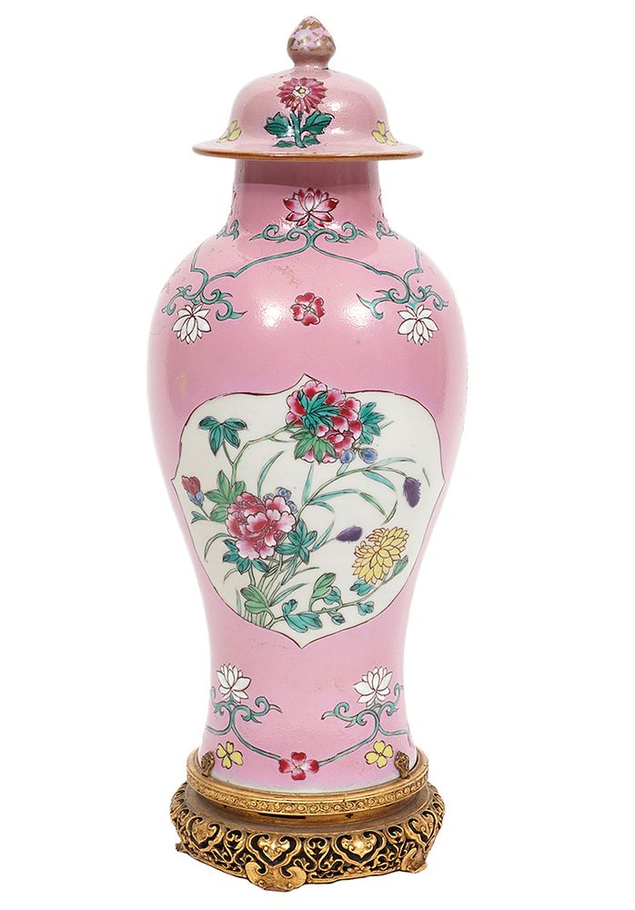 Appraisal: Pink Chinese Famille Rose Lidded Vase This vase is baluster