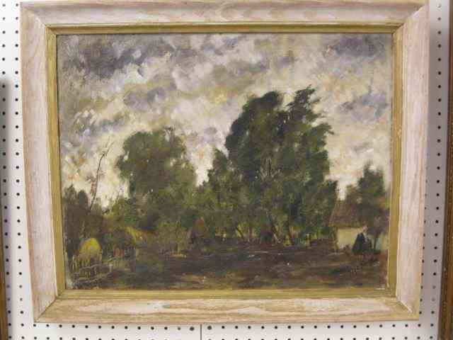 Appraisal: Oil on Canvas landscape with cottages signed illegible image area