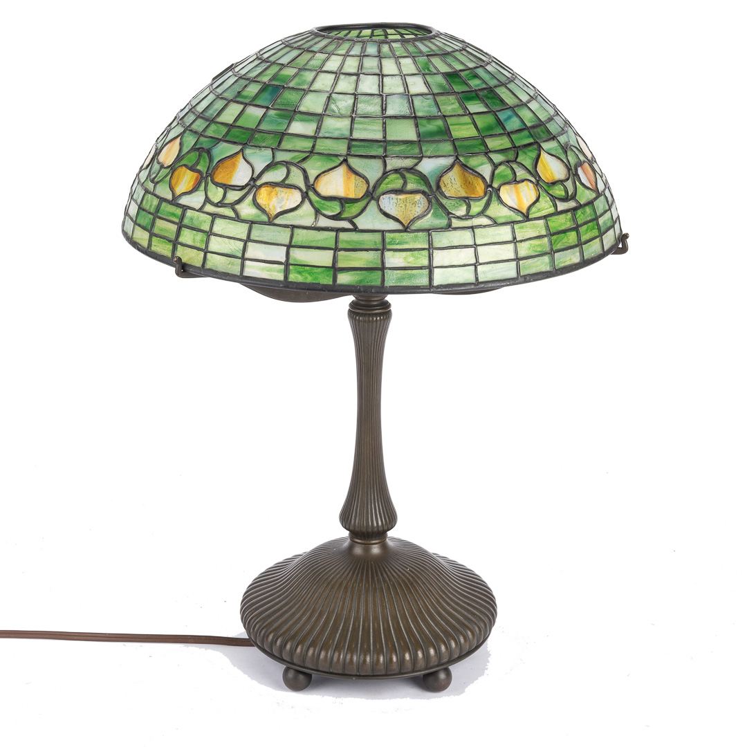 Appraisal: Tiffany Lotus bronze lamp base with Acorn shade circa -