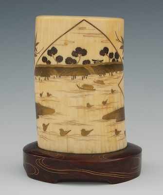 Appraisal: A Carved and Inlaid Ivory and Lacquer Brush Pot Japanese