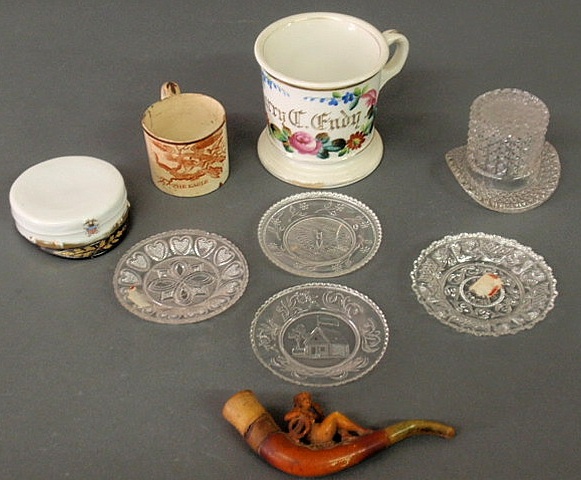 Appraisal: Misc grouping- Sandwich glass cup plates porcelain mug carved pipe