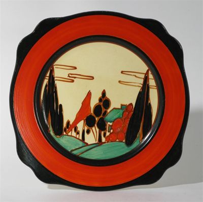 Appraisal: Red Trees and House' a Clarice Cliff Fantasque Bizarre plate