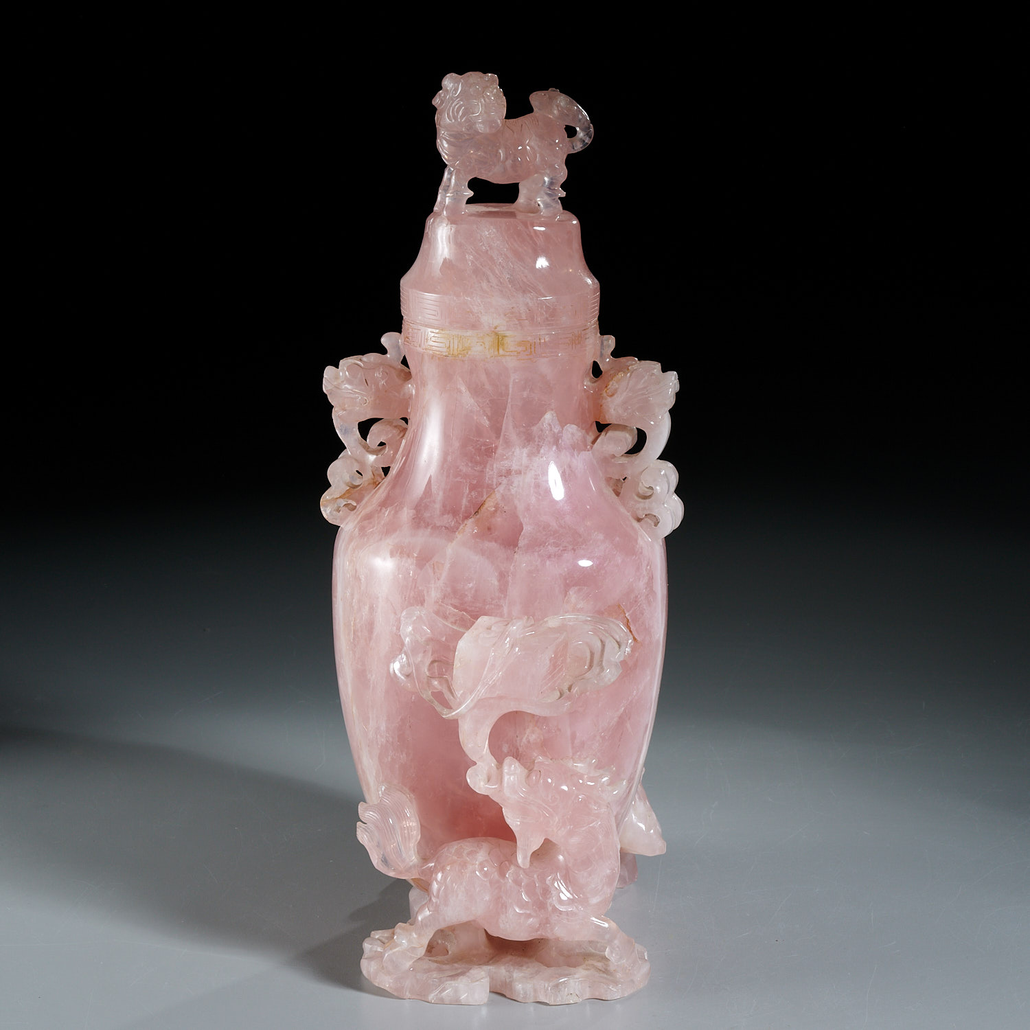 Appraisal: LARGE CHINESE CARVED ROSE QUARTZ VASE AND COVER Qing Dynasty