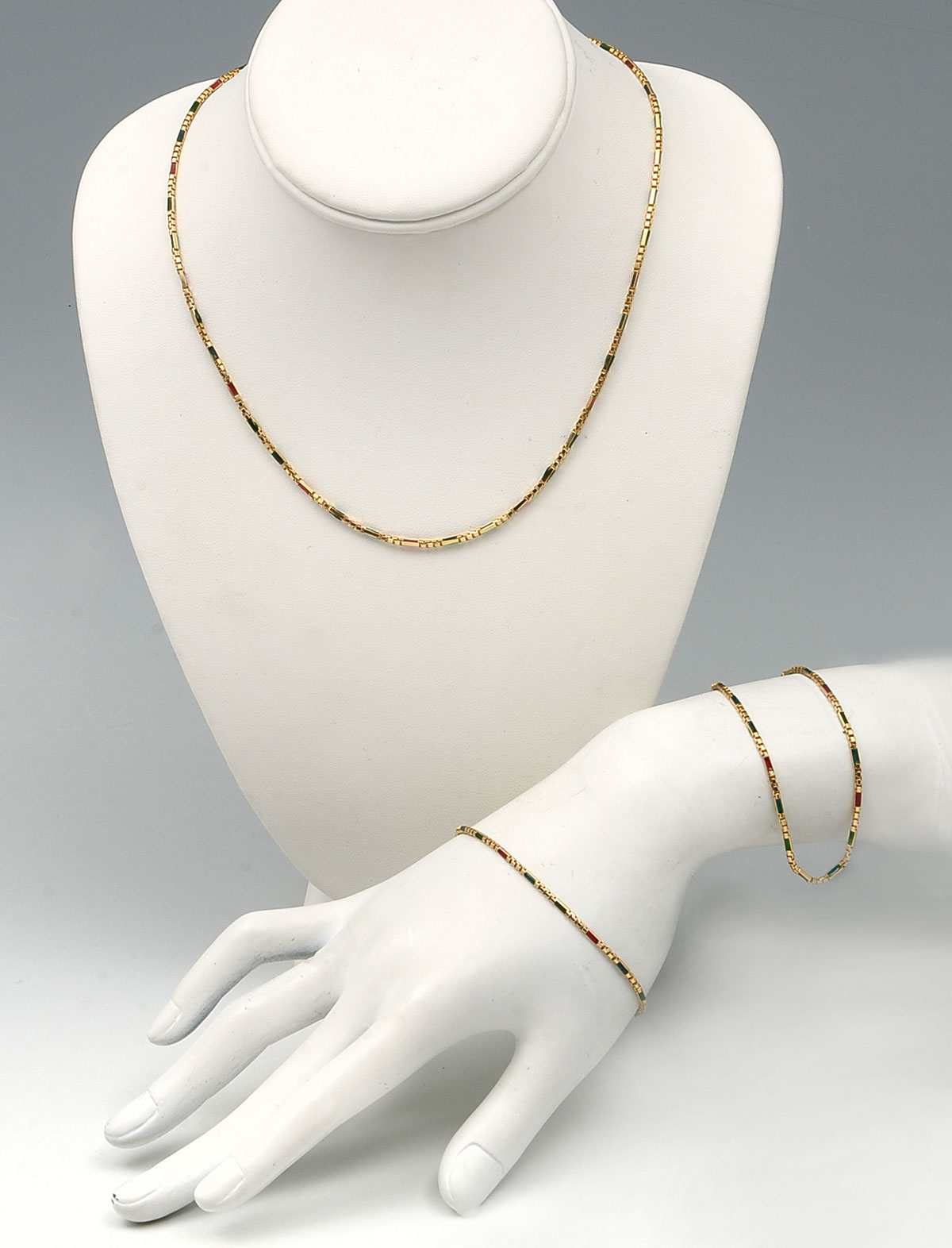 Appraisal: K NECKLACE BRACELET ANKLET K yellow gold chains with multi-colored