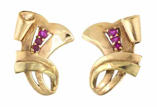 Appraisal: A Pair of Retro Karat Gold and Ruby Earrings consisting