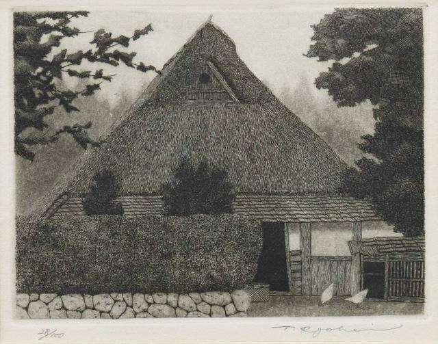 Appraisal: Framed etching on paper House with Thatched Roof signed lower