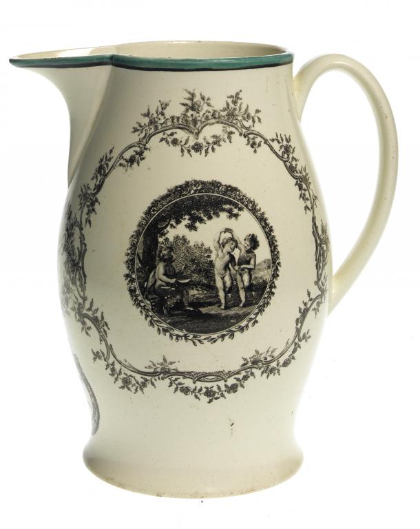 Appraisal: A LIVERPOOL-PRINTED CREAMWARE JUG finely printed in black with two