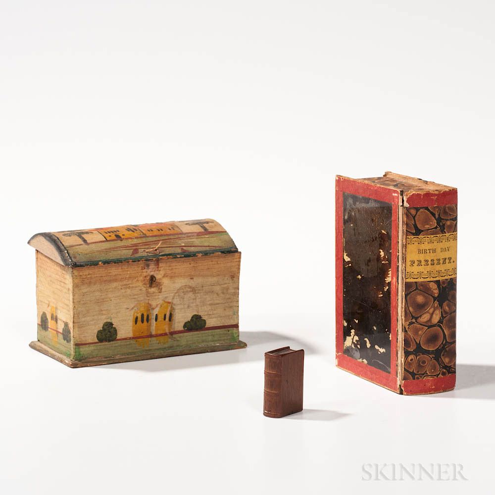 Appraisal: Small Paint-decorated Dome-top Box and Two Miniature Book Items Small