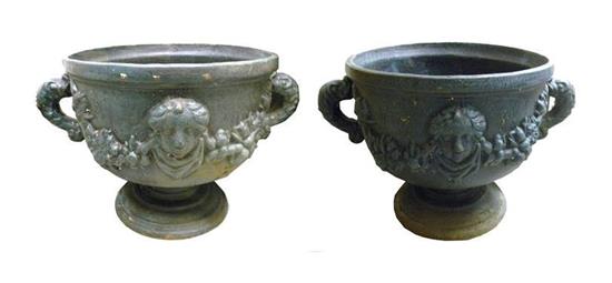 Appraisal: Pair th C garden urns iron with blue patina molded