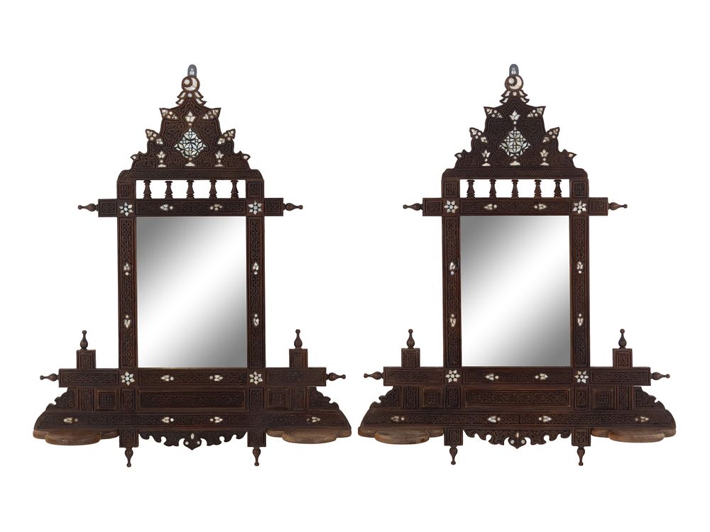 Appraisal: A Pair of Syrian Mother-of-Pearl Inlaid Walnut Mirrored Lantern Shelves