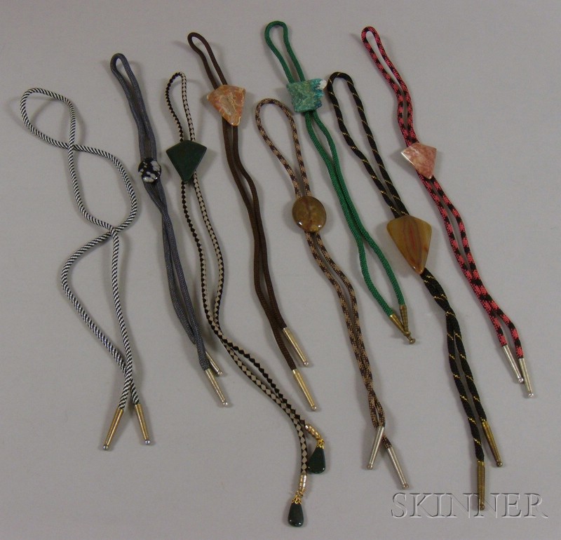 Appraisal: Seven Cord and Hardstone Bolo Ties including bloodstone agate chalcedony