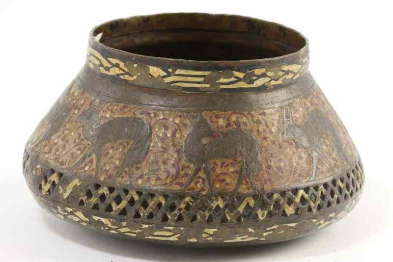 Appraisal: Persian Bronze Bowl th century animal motif in colored enamel