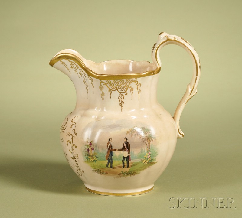 Appraisal: Dated Staffordshire Handpainted Pitcher England mid th century polychrome enamel