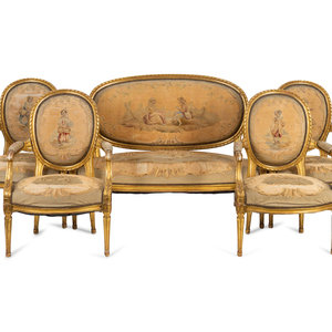 Appraisal: A Louis XVI Style Aubusson Tapestry-Upholstered Giltwood Five-Piece Salon Suite