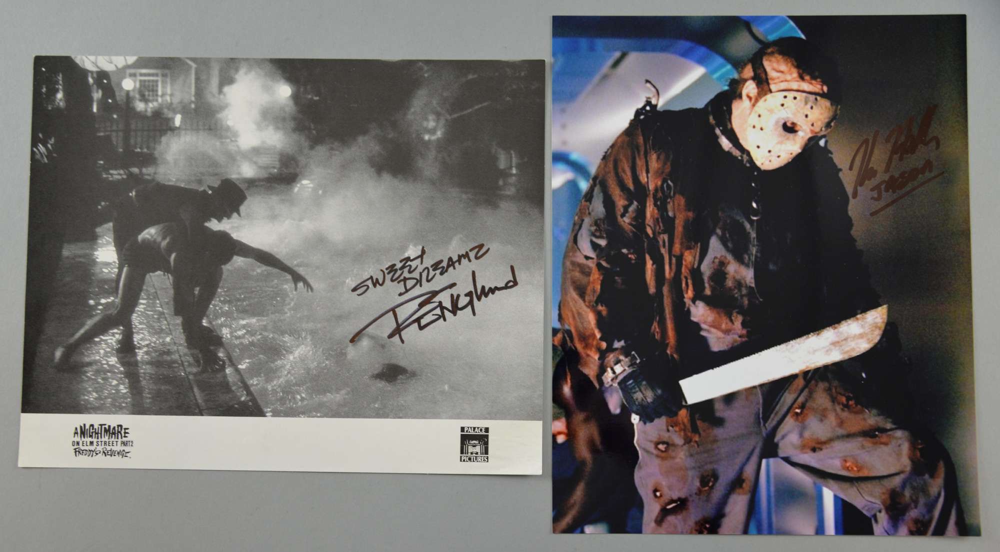 Appraisal: Two Horror themed signed x promotional photograph card one by