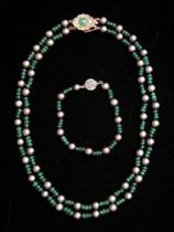 Appraisal: Emerald Black Pearl Double Strand Necklace Bracelet Emerald bead and