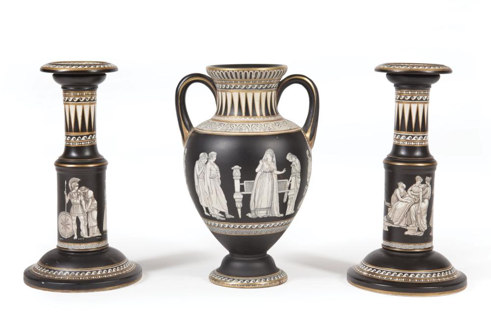 Appraisal: Neoclassical-Style Prattware Black and White Pottery Three-Piece Garniture late th