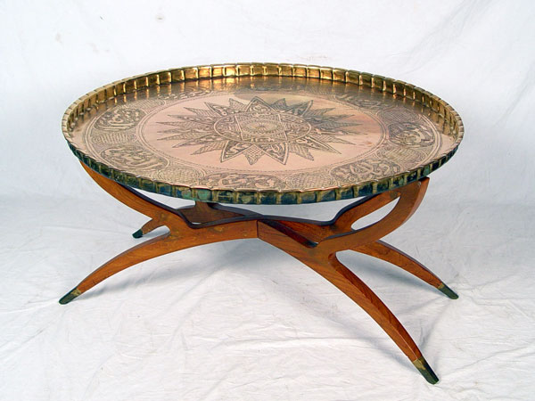 Appraisal: FT MID EASTERN BRASS TRAY TABLE ON WOOD STAND Measures