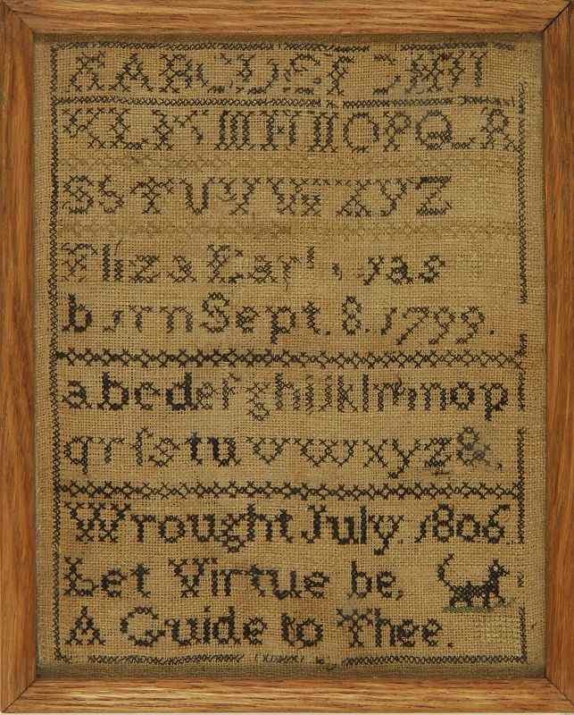 Appraisal: FRAMED NEEDLEWORK SAMPLEREarly th CenturyEliza Earl was born Sept Wrought