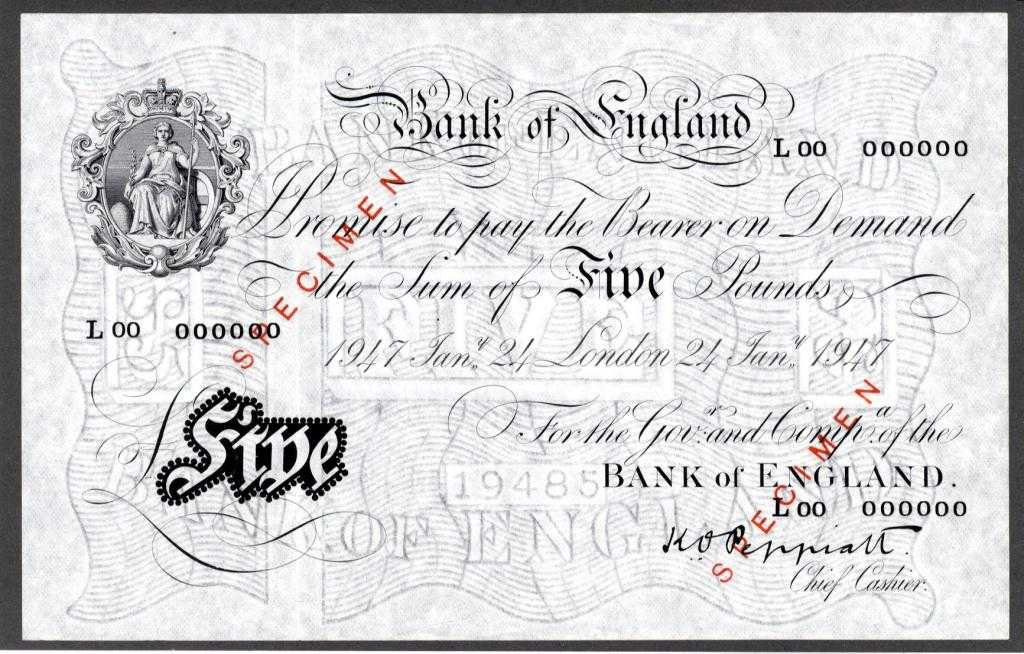 Appraisal: BANK OF ENGLAND K O PEPPIATT WHITE FIVE POUNDS JANUARY