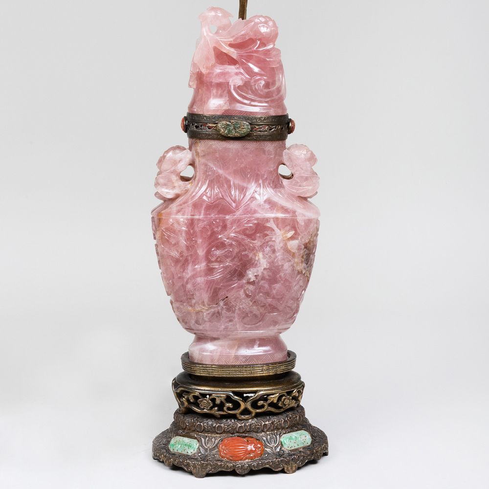 Appraisal: Chinese Rose Quartz Vase and Cover Mounted as a Lamp