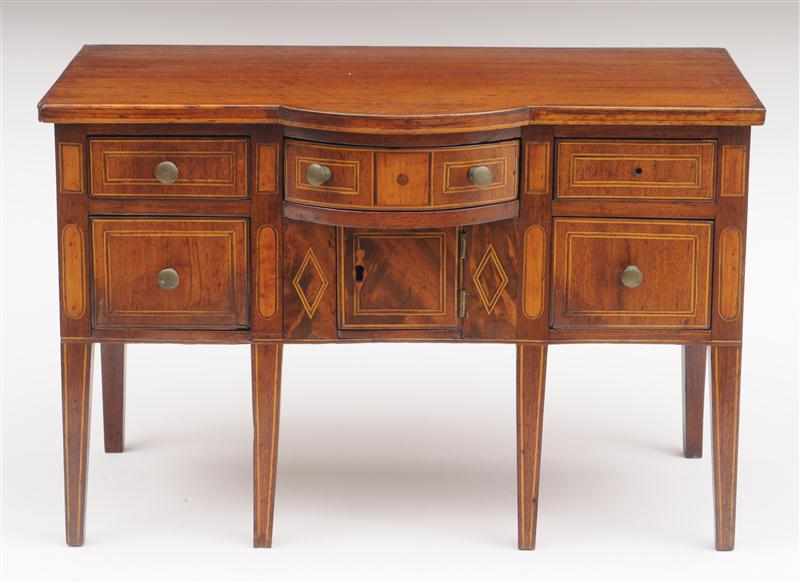 Appraisal: FEDERAL STRING-INLAID MAHOGANY MINIATURE SIDEBOARD Of bowed breakfront outline containing