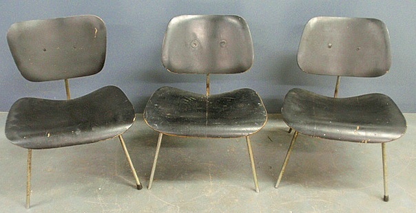 Appraisal: - Three mid-century modern black painted plywood and chrome side