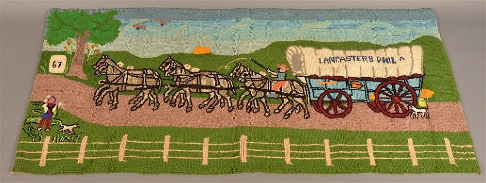 Appraisal: Conestoga Wagon Six Horse Team Hooked Rug Conestoga Wagon Six