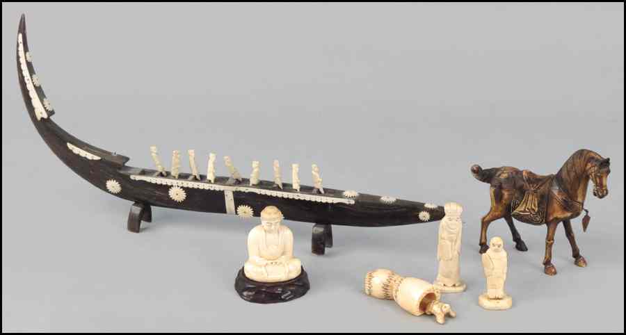 Appraisal: CARVED BONE AND HORN BOAT Together with a carved ivory