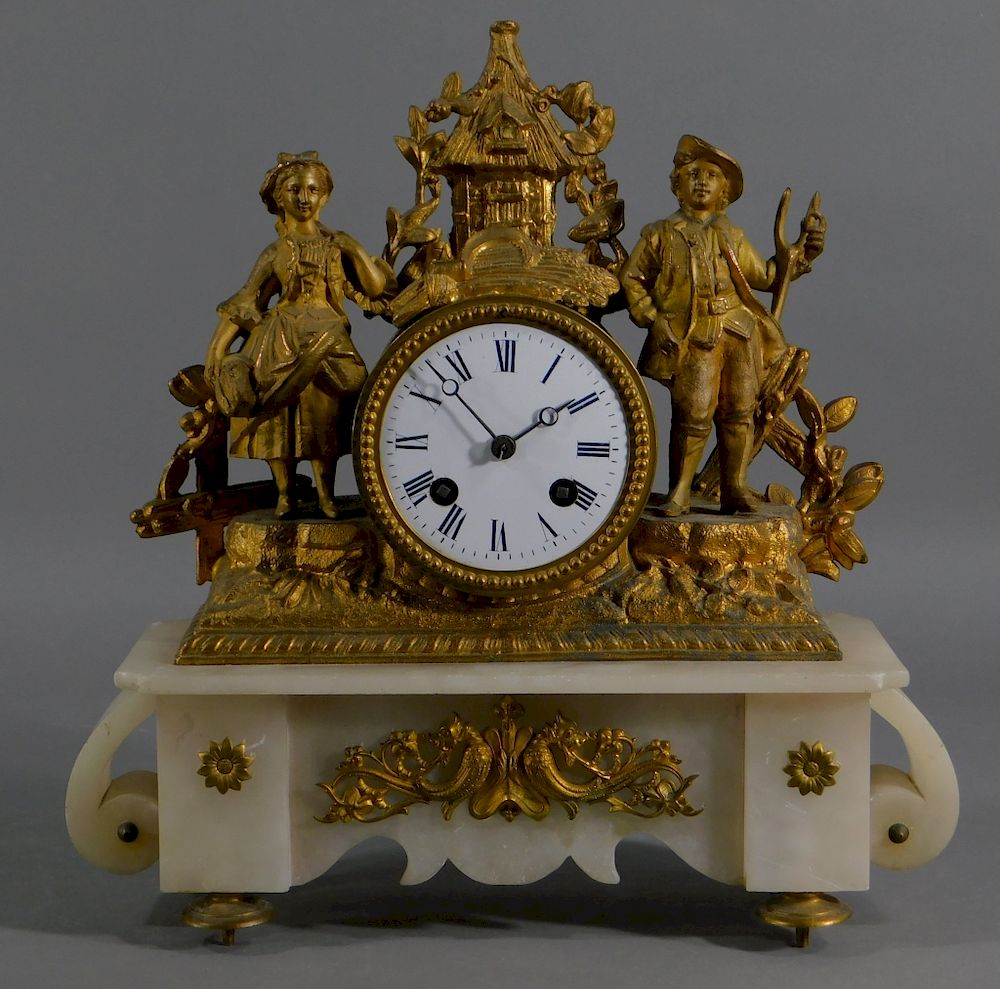 Appraisal: C French Japy Freres Gilt Alabaster Mantel Clock France Circa