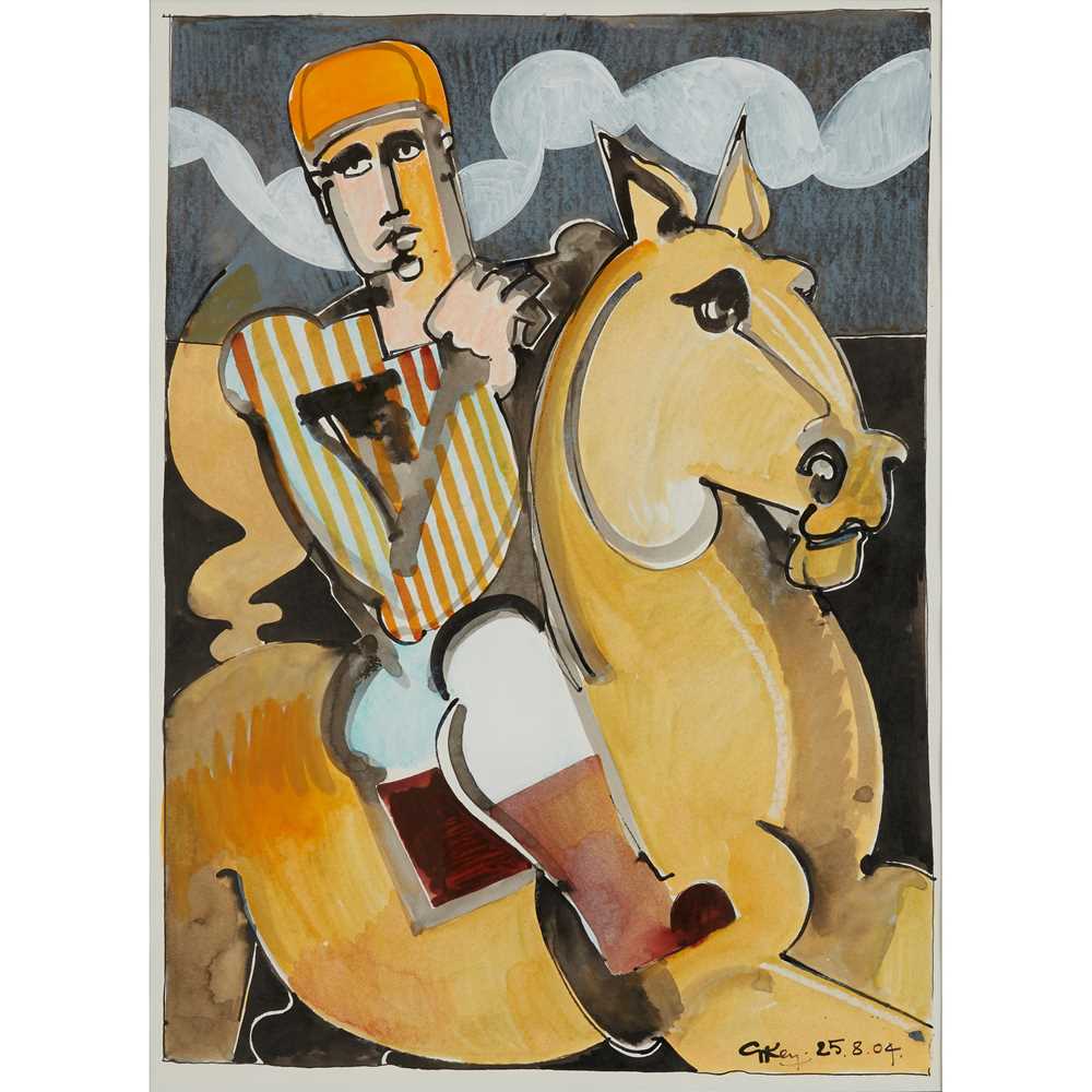 Appraisal: GEOFFREY KEY BRITISH - RIDER WITH STRIPED SILKS signed and