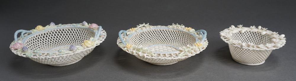 Appraisal: THREE BELLEEK FLORAL ENCRUSTED RIM BASKETS TH CENTURY LARGER IN