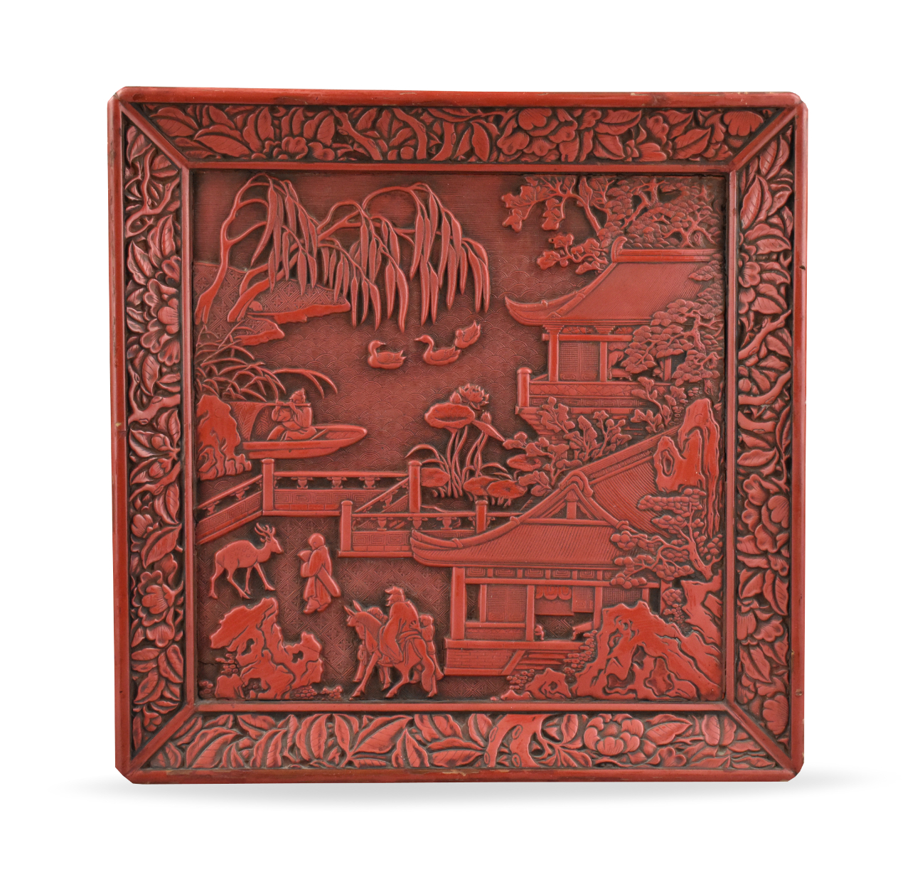 Appraisal: A square Chinese red carved lacquer tray Republic Period main